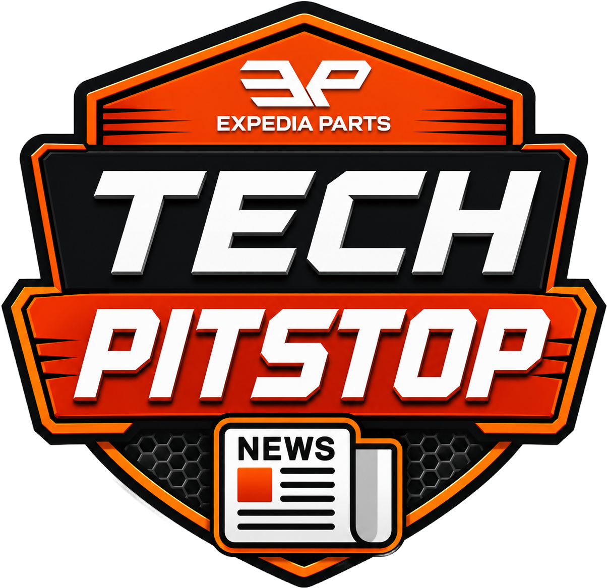 Expedia Parts Tech PitStop News — shield badge with EP lockup and newspaper icon